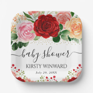Watercolor Red and Yellow Roses Baby Shower Paper Plate