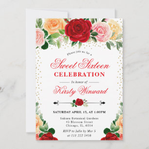 Watercolor Red and Yellow Roses Flowers Sweet 16 Invitation