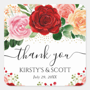 Watercolor Red and Yellow Roses Wedding Square Sticker