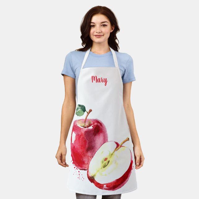 Watercolor Red Apple Customizable Apron (Worn)