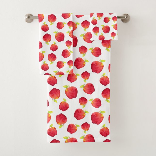 Watercolor Red Apple Pattern Bath Towel Set (Insitu)