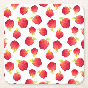 Watercolor Red Apple Pattern Square Paper Coaster