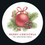 Watercolor Red Ball Ornament Merry Christmas Classic Round Sticker<br><div class="desc">Add a festive accent to your envelopes and gifts with these customizable Christmas stickers. It features watercolour red ornament,  pine cone,  pine needles and winterberries. Personalize by adding your details. These red Christmas ball ornament stickers are available in other products.</div>