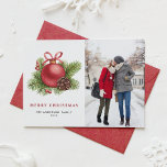 Watercolor Red Ball Ornament Photo Christmas Holiday Card<br><div class="desc">Merry Christmas | Send holiday greetings to family and friends with this customizable Christmas card. It features a festive watercolor red ball ornament with winterberries,  pinecones and pine needles. Personalize by adding your details. This photo Christmas card is available in other cardstock. Matching items are available.</div>