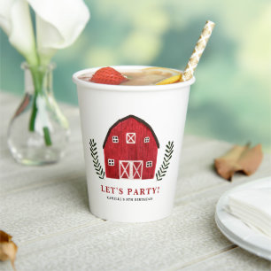Watercolor Red Barn Farmhouse Birthday Party Paper Cups