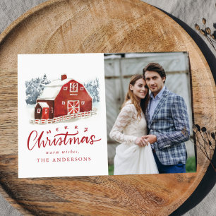 Watercolor Red Barn Photo Hand-Lettered Holiday Card