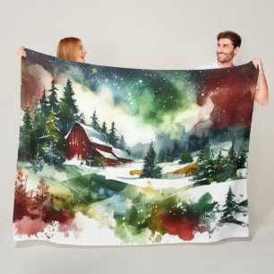 Watercolor Red Barn Winter Scene Fleece Blanket