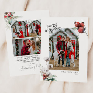 Watercolor Red Berries and Cotton Foliage Photo Holiday Card