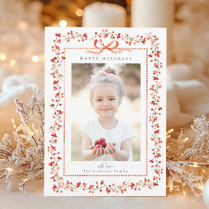 Watercolor Red Berry Frame Photo Christmas Holiday Card