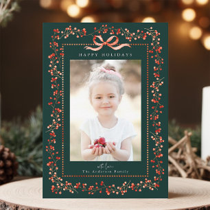 Watercolor Red Berry Frame Photo Green Christmas Holiday Card