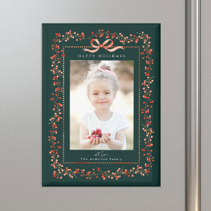 Watercolor Red Berry Frame Photo Green Christmas Magnet