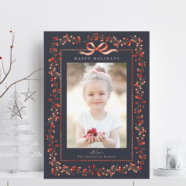 Watercolor Red Berry Frame Photo Navy Christmas Holiday Card (Creator Uploaded)