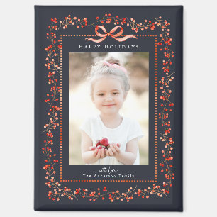 Watercolor Red Berry Frame Photo Navy Christmas Magnet