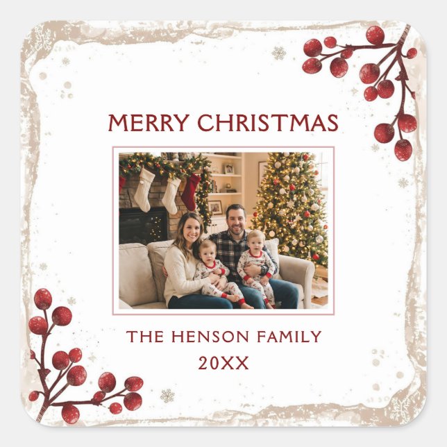 Watercolor Red Berry Winter Wreath Family Photo Square Sticker (Front)