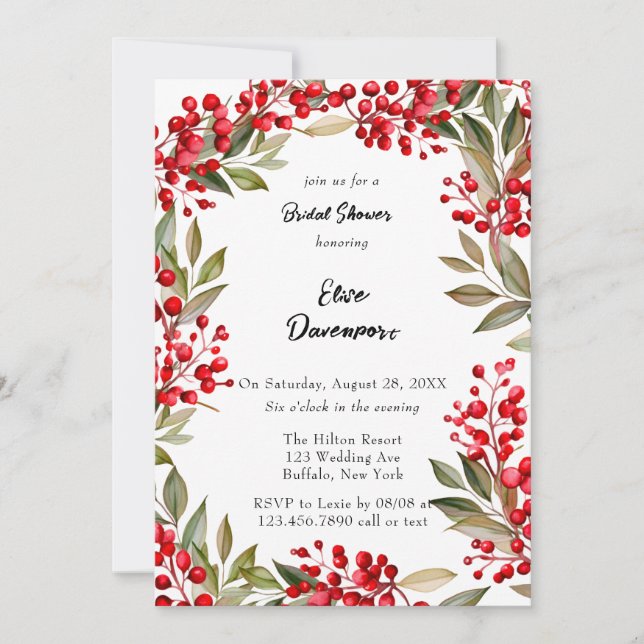 Watercolor Red Berry Wreath Bridal Shower Invitation (Front)
