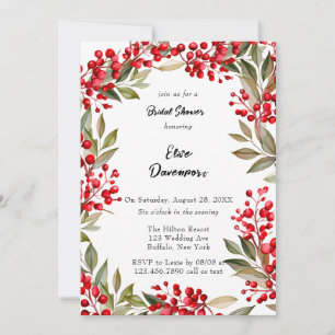 Watercolor Red Berry Wreath Bridal Shower Invitation