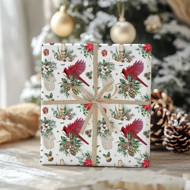 Watercolor Red Bird and Winter Greenery Christmas  Wrapping Paper (Creator Uploaded)