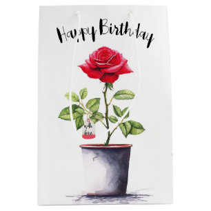 Watercolor Red Birthday Rose Medium Gift Bag