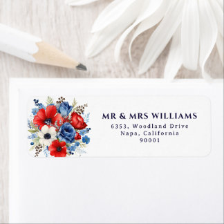 Watercolor Red Blue Floral Bouquet Patriotic
