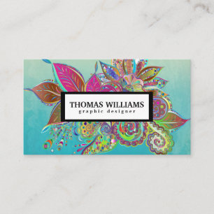 Watercolor red blue floral paisley pattern business card