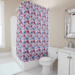 Watercolor red, blue flowers on a white 