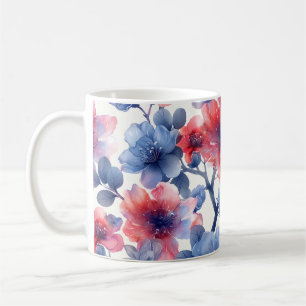 Watercolor red, blue flowers on a white  coffee mug