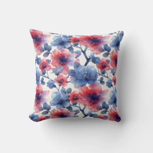 Watercolor red, blue flowers on a white throw pillow