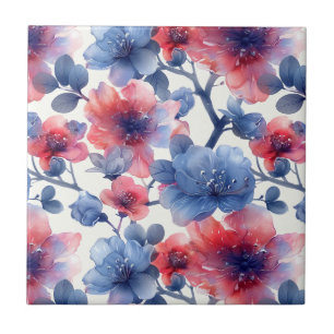 Watercolor red, blue flowers on a white  tile