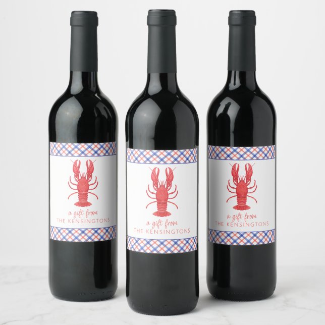 Watercolor Red & Blue Plaid Lobster Gift Enclosure Wine Label (Bottles)