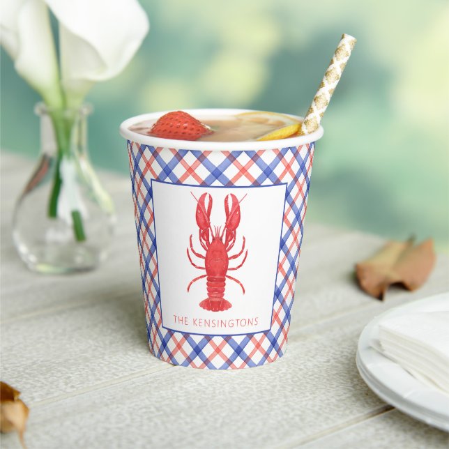 Watercolor Red & Blue Plaid Lobster Paper Cups (Insitu)