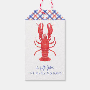 Watercolor Red & Blue Plaid Lobster Personalized Gift Tags