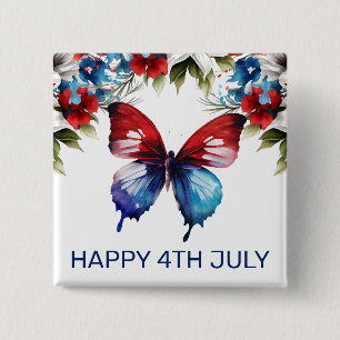 Watercolor Red, Blue & White Flowers 4th of July 2 Inch Square Button