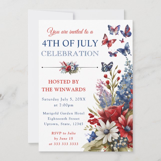 Watercolor Red, Blue & White Flowers 4th of July Invitation (Front)