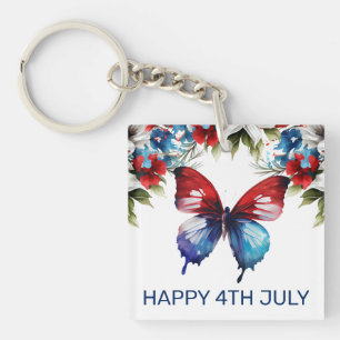 Watercolor Red, Blue & White Flowers 4th of July Keychain
