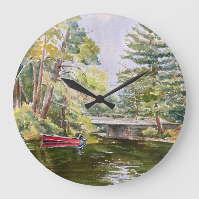 Watercolor Red Boat Fishing Lake Wall Clock (Front)
