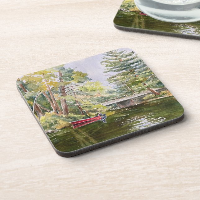 Watercolor Red Boat Mountain Lake Plastic Coasters (Left Side)