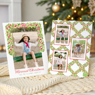 Watercolor Red Bow Fluffy Garland Swag Photo Holiday Card