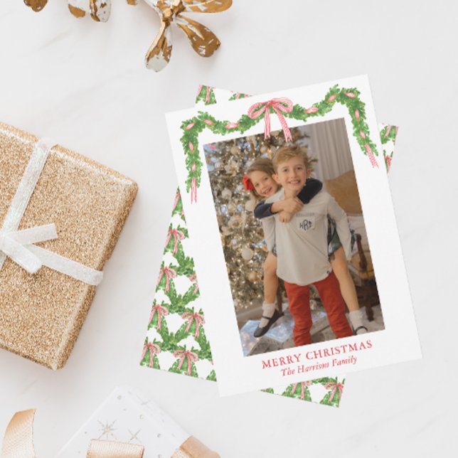 Watercolor Red Bow Garland Christmas Holiday Card (Creator Uploaded)