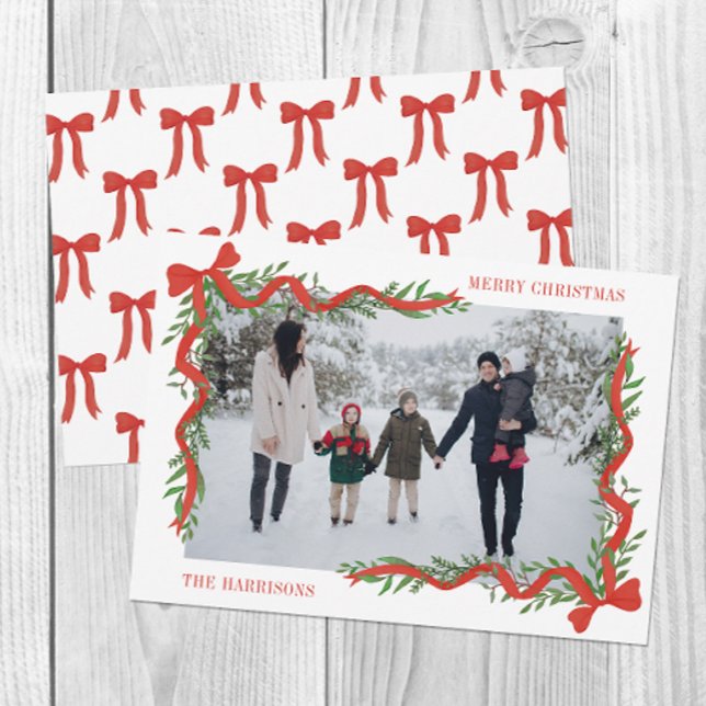 Watercolor Red Bow Garland Photo Holiday Card (Creator Uploaded)