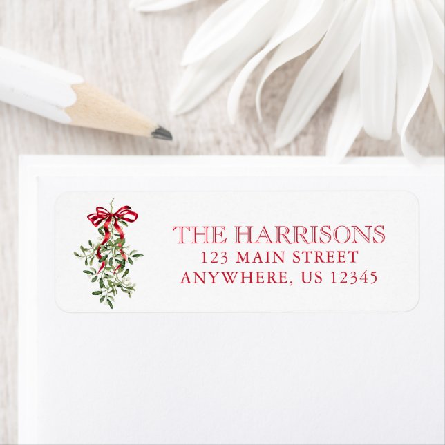 Watercolor Red Bow Mistletoe Christmas Address (Insitu)