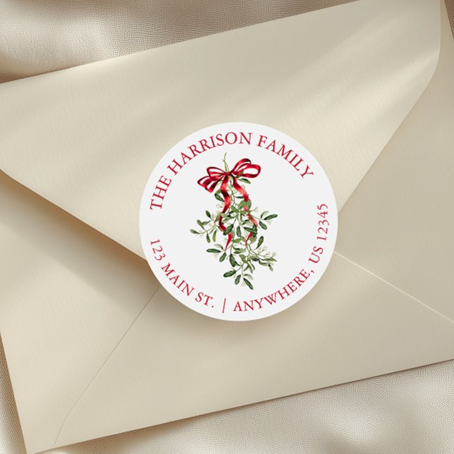 Watercolor Red Bow Mistletoe Christmas Address Classic Round Sticker (Creator Uploaded)