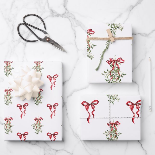 Watercolor Red Bow Mistletoe Christmas Wrapping Paper Sheet (Front)