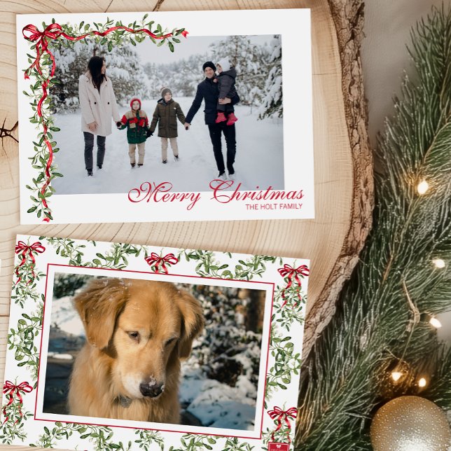 Watercolor Red Bow Mistletoe Garland Photo Holiday Card (Creator Uploaded)