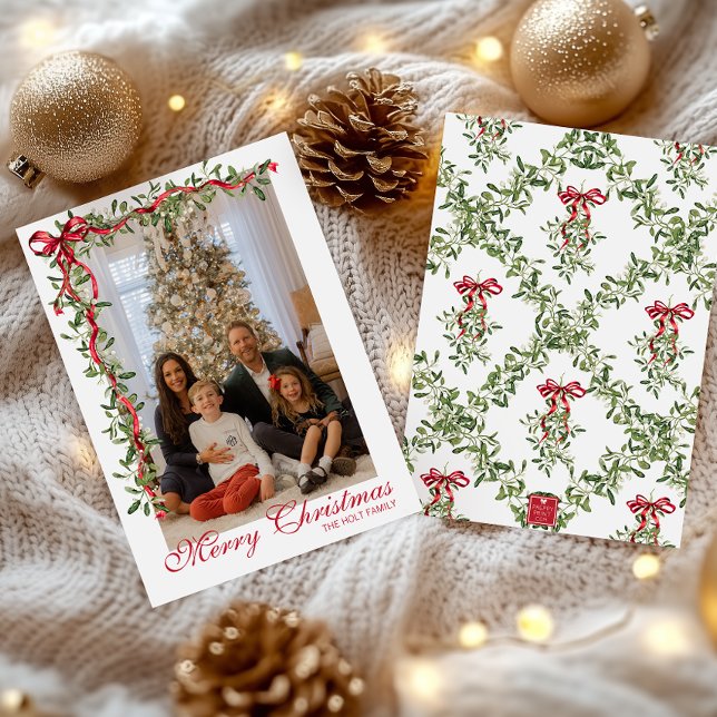 Watercolor Red Bow Mistletoe Garland Photo Holiday Card (Creator Uploaded)