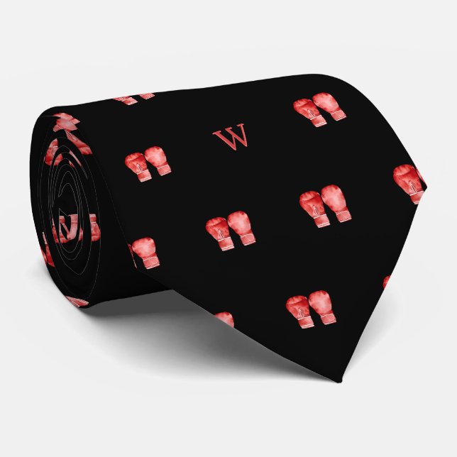Watercolor Red Boxing Glove Monogram Initial Black Tie (Rolled)