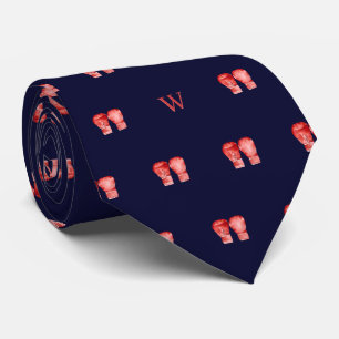 Watercolor Red Boxing Gloves Monogram Initial Blue Tie