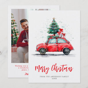 Watercolor Red Car Christmas Holiday Family Photo Card