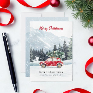 Watercolor Red Car Christmas Tree Holiday Card
