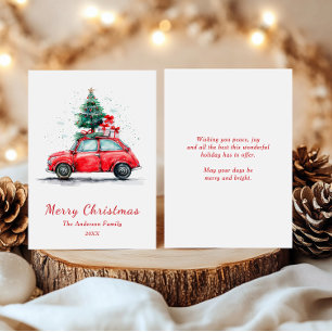 Watercolor Red Car with Tree and Gifts Christmas Holiday Card