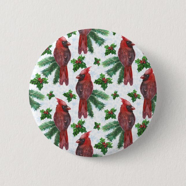 watercolor Red Cardinal Bird 2 Inch Round Button (Front)